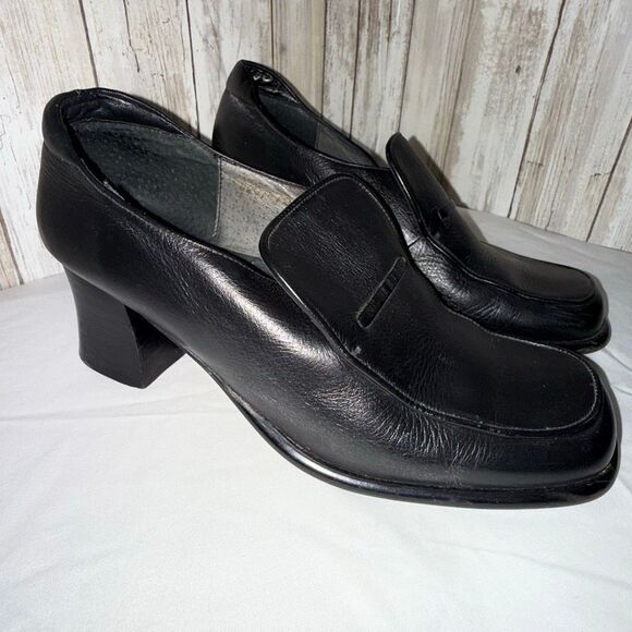 Vintage Andrea Black Leather Square Toe Loafer Pumps | 90s Y2K Block Heel Slip O - Picture 1 of 16